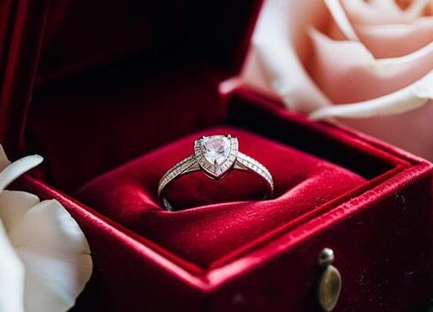 jewellery proposal and holiday gift vintage diamond engagement ring in red velvet box symbol of love romance and commitment photo